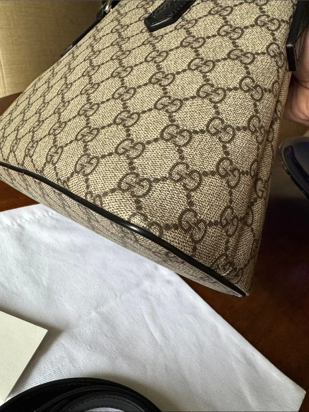 Gucci Beige GG Canvas Satchel with Black Leather Trim